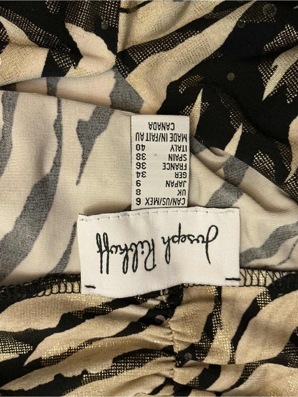 Joseph Ribkoff Metallic Gold Zebra Top V-Neck Sequin Travel Tunic 193156X Size 6 - Picture 6 of 6